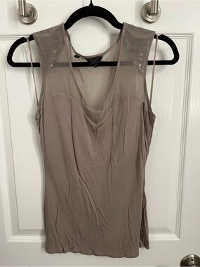 Guess Sequin Shoulder Mesh Tank Top in Taupe